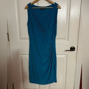 Lauren aqua dress, sleeveless, v neckline with ruching‎ form fitting, size 14